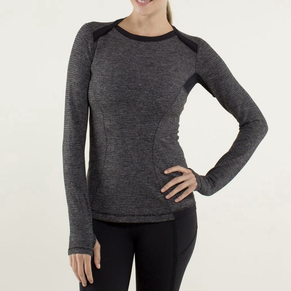 Lululemon Base Runner Long Sleeve Mini Check Pique Black Heathered Gray Sz 4/6?